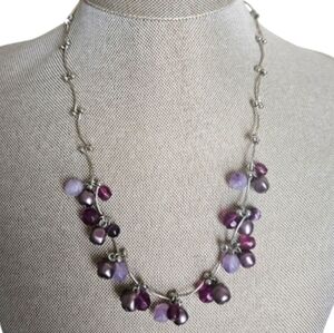 Purple Faceted Bead & Genuine Pearl 16" Silver Tone Necklace
